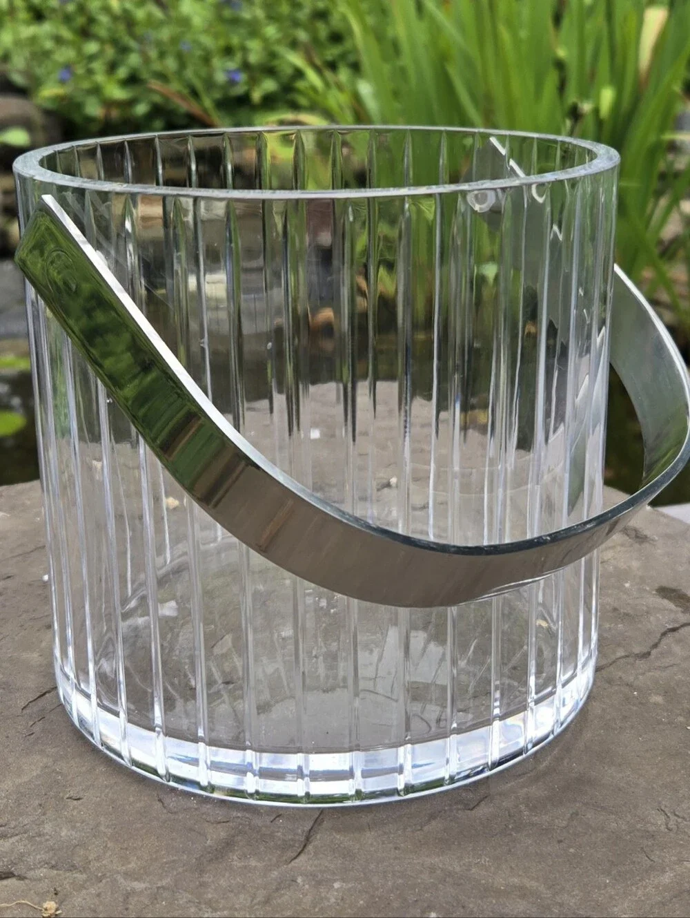 Vtg Crystal Sasaki Ice Bucket with Stainless Steel Handle Fine Crystal 6in